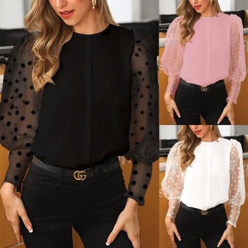 2020 Women Autumn Shirt Long Sleeve Polka Dot Mesh Sheer See-through Puff Sleeve Round Neck Tops Solid Casual Shirts