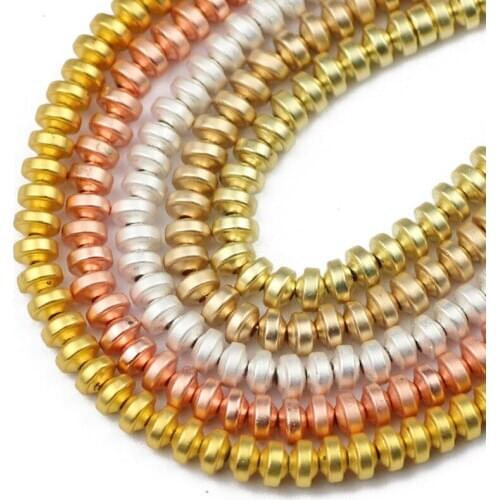 4mm Natural Stone Matte Rose Gold Silvers Flying Saucer Hematite Flat Round Spacers Loose Beads For Jewelry Making Diy Bracelet