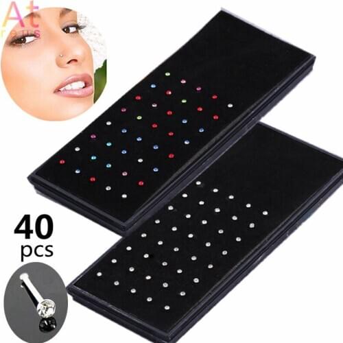 40Pcs Rhinestone Nose Ring Piercing Stud Pin Stainless Steel Elegant Body Piercing Jewelry For Women Lady (1.8mm)