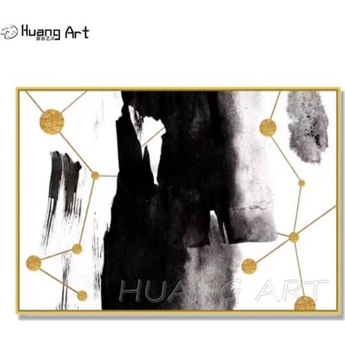 Free Shipping Abstract Oil Painting for Living Room Decor Hand-painted Black Color with Gold Dot Abstract Canvas Oil Painting