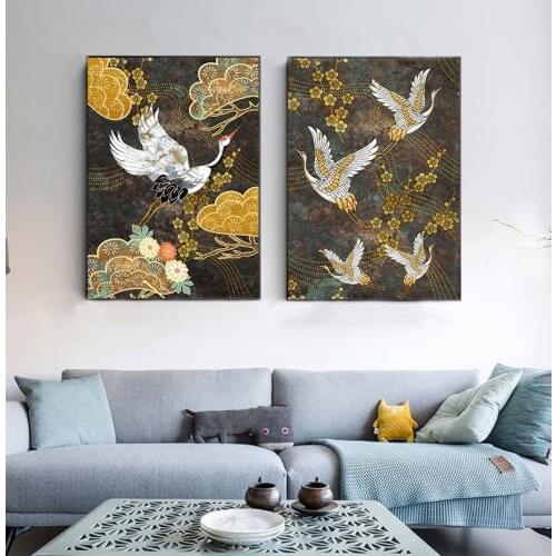 Chinese Ancient Style Animal Canvas Painting Golden Flowers Crane Abstract Decorative Poster On The Wall Aesthetic Room Decor