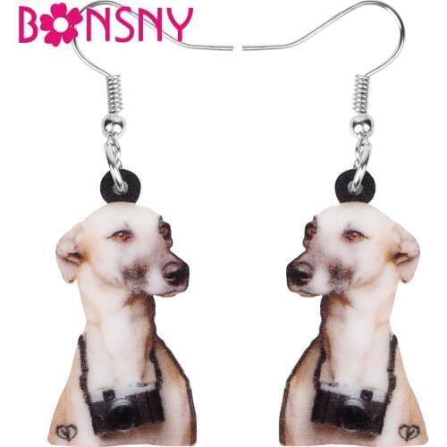 Bonsny Acrylic Brown Whippet Dog Earrings Big Cute Printing Animal Dangle Drop Jewelry For Women Girls Classic Gift Decoration