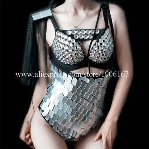 Free Shipping Sexy Female Girl Mirror Ballroom Costumes Bra Shorts Clothes Dress Performance Suit For Bar Singer Stage Show