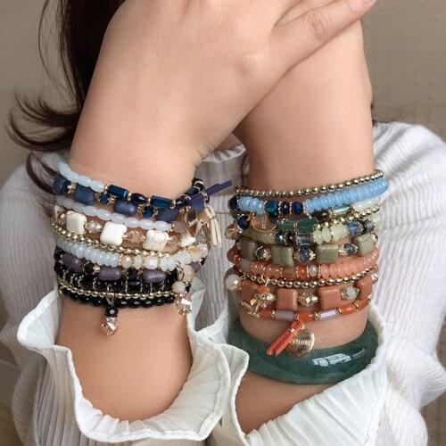 Vintage Unique Multilayer Coloful Beads Bracelets For Bohemia Ocean Style Women Fashion Natural Stone Summer Bracelet Jewelry