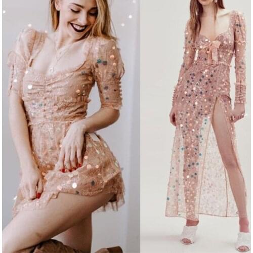 Cakucool New Pink Sexy Bustier Party Dress Sequin Lace Cute Women Mesh Summer Dress Evening Party Cut Out Runway Design Dresses