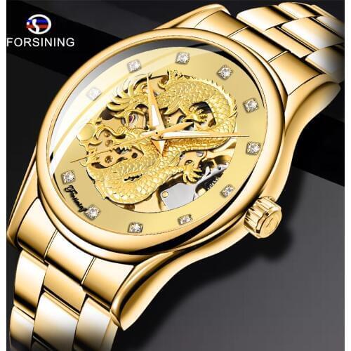 FORSINING Dragon Skeleton Automatic Mechanical Watches Stainless Steel Strap Gold Clock Waterproof Wrist Watch Mens relogio