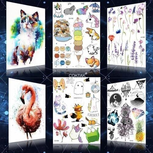 COKTAK Cute Cartoon Temporary Tattoos For Kids Cats Fox Unicorn Tattoo Sticker Women Body Arm Fake Star Tatoo Dog Frog Children