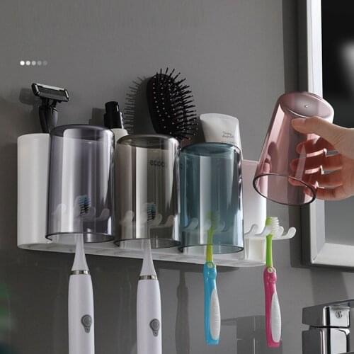 Ecoco Toothbrush Holder with Cups,Punch-free Toothbrush Organizer, Wall Mounted Toothpaste & Comb Storage, Bathroom Storage Rack