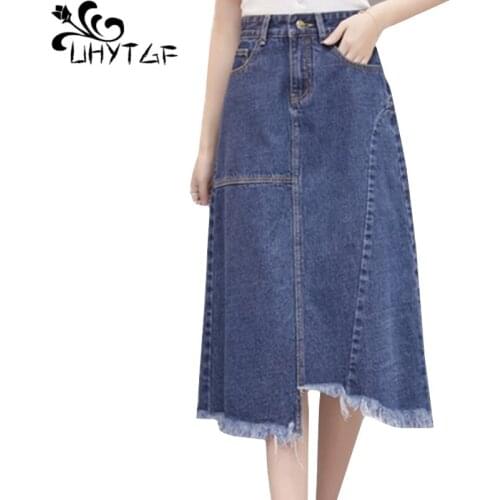 UHYTGF denim skirt women fashion irregular tassel elegant girl jeans skirts high waist pocket summer skirt female plus size 1549