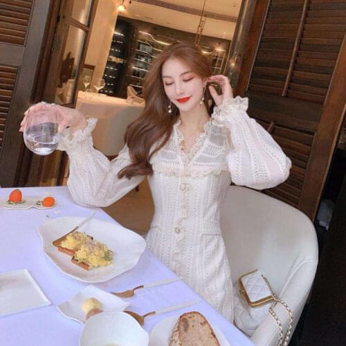 Elegant Fairy Dress Women Autumn Lace Vintage Party Midi Dress Female Casual Korean Chiffon One-piece Dress Vestidos