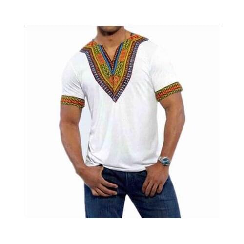 Men Summer African Dashiki Print T-Shirt short sleeves men traditional print T-shirt Casual Hip-Hop Loose Pullover Cotton V-Neck