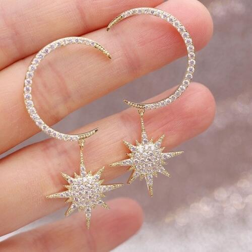 Hot Sale Bohemian Cute Moon Star Silver Gold Earrings with Zircon Stone Fashion Jewelry Korean Earrings 2019