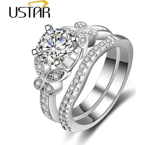 USTAR NEW 2 pcs rings set for women AAA Zircon Crystals Silver color wedding rings female anel fashion Jewelry top quality