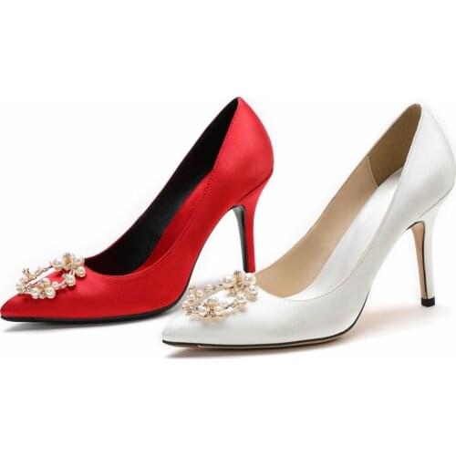 Red wedding shoes female bride shoes master wedding dress pearl rhinestone bridesmaid high heels comfortable and not tired feet