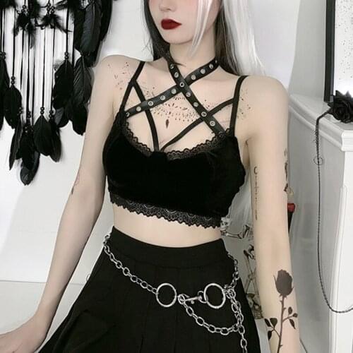 Sexy Punk Metal Bandage Black Cotton Crop Tops Women‘s Hollow Out Lace Dark Slim Camisoles Streetwear Grunge Gothic Tank Top