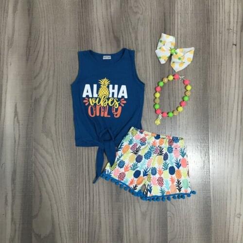 Summer Baby Girls Pineapple Blue Vest and Shorts Outfit with Bow and Necklace
