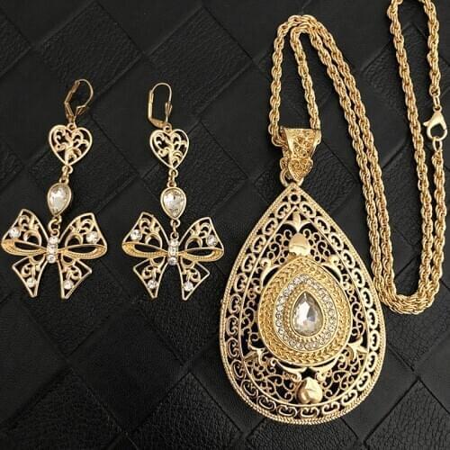 Moroccan jewelry-set white water-drop crystal necklace earring beautiful golden wedding jewelry Algerian party caftan jewelry