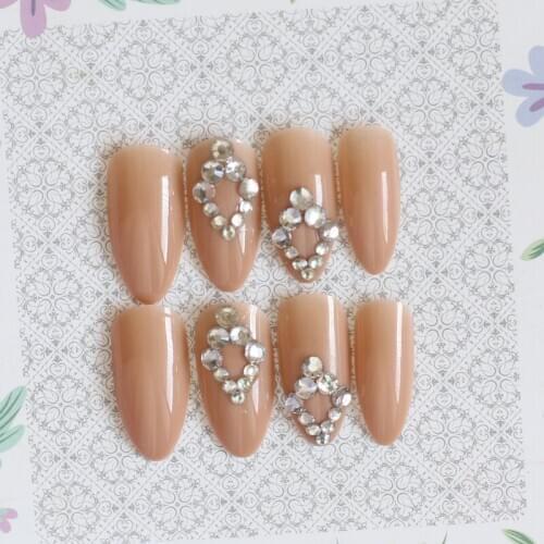 24pcs Fashion full diamond crystal diamond stiletto high candy color handmade fake nails Khaki W96