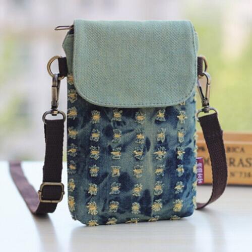 Fashion Tide Bag Hole 3 Layer Denim Big Screen Diagonal Mobile Phone Bag Women Denim Mobile Phone Bag