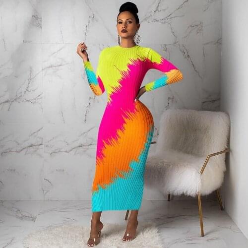 Rainbow Printed Bodycon Long Dress Long Sleeve Women Boho Long Maxi Dress Stripe Fabric Spring Fashion Clothing Plus Size S-3XL