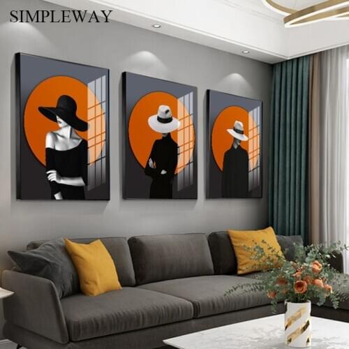 Orange Fashion Woman Wall Art Canvas Print Minimalist Abstract Hat Girl Poster Painting Sexy Lady Picture Home Room Decoration