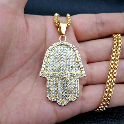 Hamsa Hand Necklace for Women Collares Ethnic Necklace Gold Color Iced Out Bling Hand of Fatima Pendant Necklaces 4 Size Collier