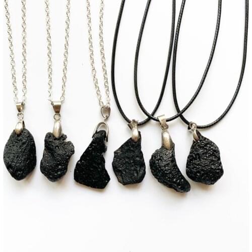 Black Meteorite Stone Pendant Necklace Natural Healing Point Pendant Stone Necklace Cord Chain Graphite Meteorites Jewelry 1pc