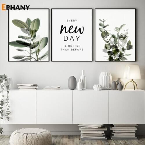 Green Plant Leaves Poster Print Eucalyptus Wall Art Canvas Painting Picture for Living Room Optimistic Quote Home Decoration