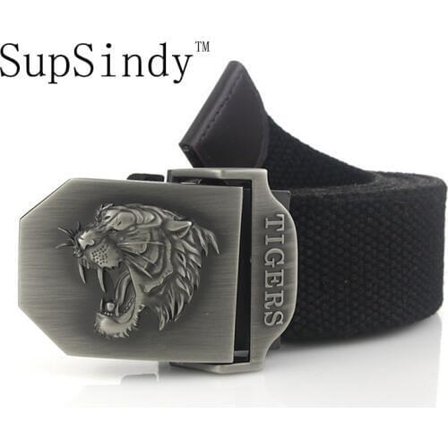 SupSindy mens canvas belt tiger metal buckle military belt Army tactical belts for Male top quality men strap Army green 120cm