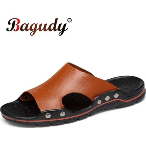 Summer Men Sandals Quality Genuine Leather Shoes Man Casual Classic Out door Comfortable Slip-on Slippers Beach Brown Man Sandal