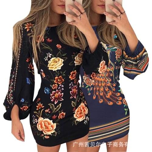 2021 European and American new style printed backless long-sleeved skirt temperament dress