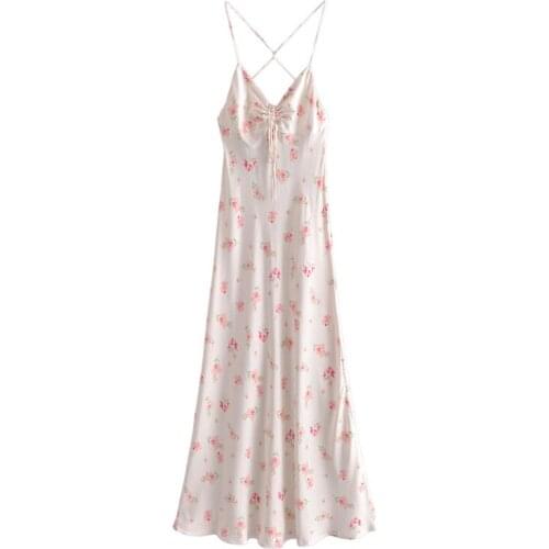 Women Sexy Spaghetti Strap Midi Dress Floral Printed Satin Party Dress Ladies Sleeveless Backless Summer Party Dress