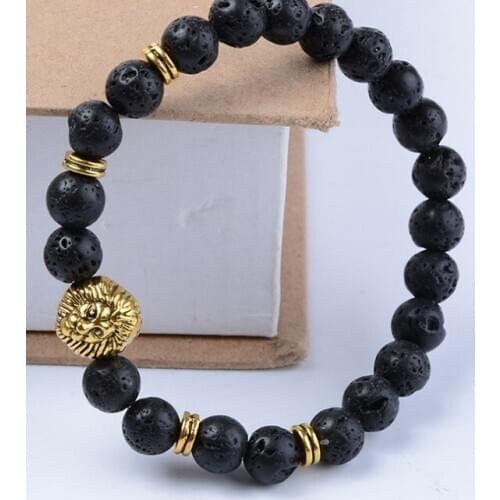 8mm khg53 gold elastic adjusted Charm copper lion nature black stone volcanic lava Bracelet Reiki Chakra Buddha Yoga