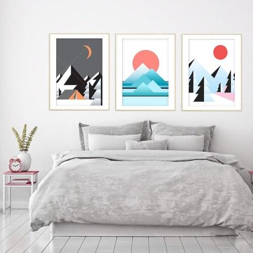 Abstract Panorama Day and Night Scenery, Scandinavian Wall Decor Gift, Winter Abstract Mountain, Snow Landscape Set of 3, Nordic
