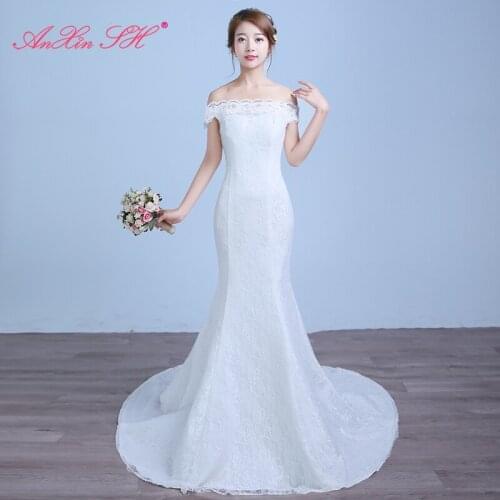 AXJFU flower white lace mermaid wedding dress vintage princess fishtail boat neck red lace trumpet wedding dress