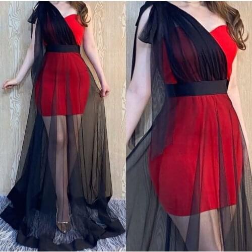 Elegant A-Line One Shoulder Tulle Evening Dresses Long Lace Up Back Red Satin Abendkleider Robes de Soirée for Women