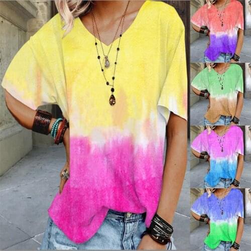 Summer New Style Gradient Printing Loose T-Shirt Tops Womens Watercolor Color Matching Simple Fashion Casual Ladies T-shirt