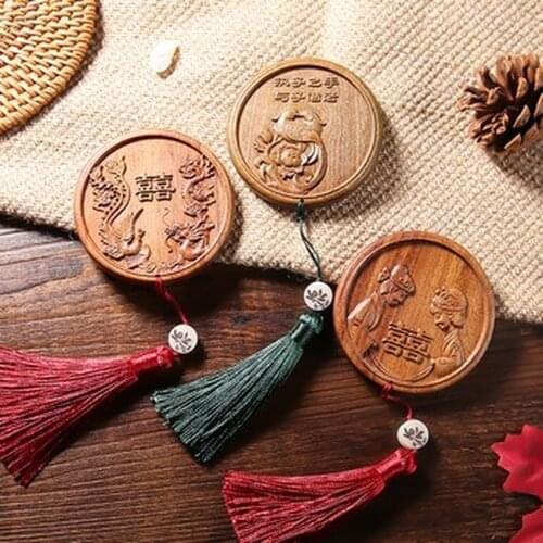 Chinese Style Sandalwood Cosmetic Mirror Wedding Dowry Female Small Mirror Round Mirror Portable Crafts