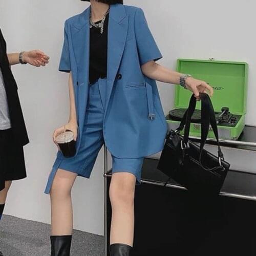 Summer Fashion Vintage Womens Thin Short Sleeve Suit Coat For Casual Slim Korean Simple Loose Office Women Blazer Set