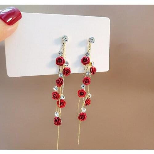 Red Purple Crystal Roses Long Drop Earring Ladys Exquisite Engagement Wedding Party Jewelry Fashion Flowers Dangler Earrings