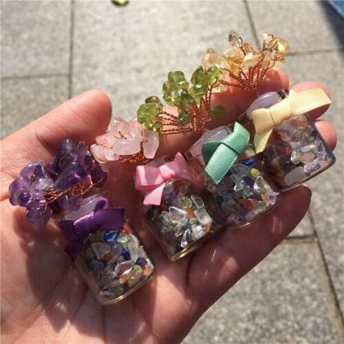 Mini Natural Rose Quartz Crystal Lucky Tree Amethyst Citrine Olivine Gemstone With Nice Bottle Feng Shui Decoration