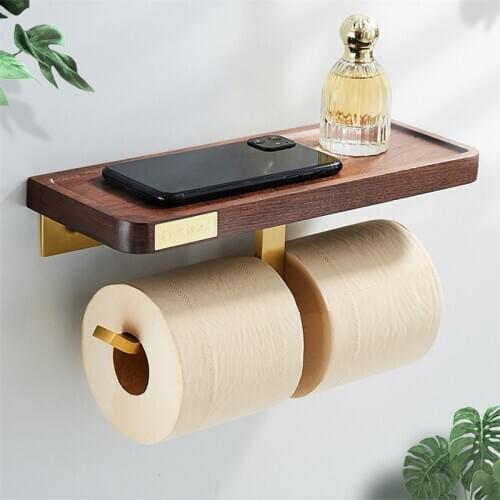 Wall Mounted Brass Toilet Paper Holder Tissue Paper Roll Holder With Phone Storage Shelf Wooden Rack Bathroom Accessories