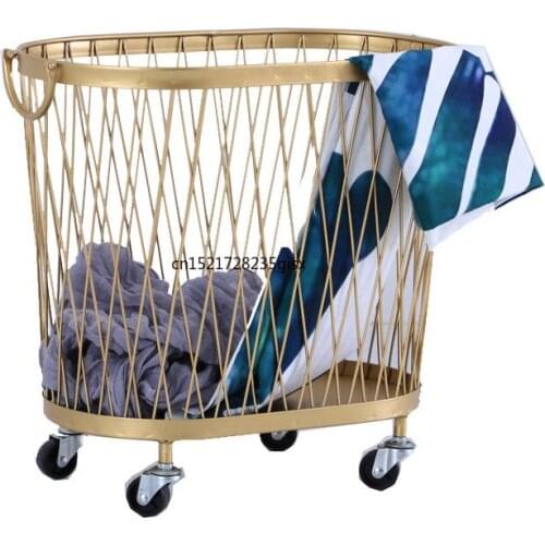 Nordic Style Wrought Iron Storage Basket Bathroom Dirty Clothes Basket Hamper For Toy Clothes with Wheels Gold