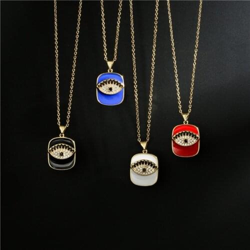 Top Quality Cubic Zirconia Encrusted Turkish Evil Eye Long Square Trendy Girl Lady Micro Pave CZ Copper Pendent Necklace Gift