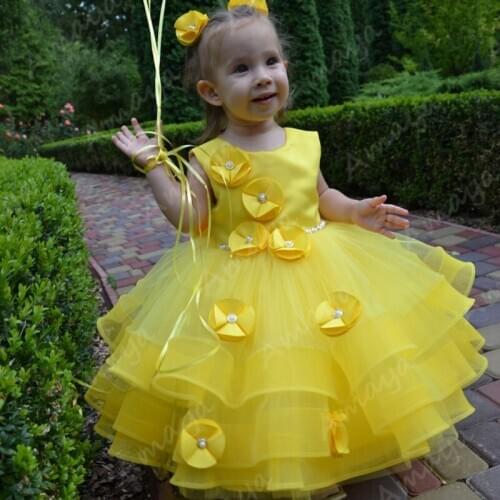 Amaya Satin Yellow Puffy Flower Girls Dresses Ruffles Handmade Flowers Pageant Birthday Girl Christmas Gowns Vestido de Niña