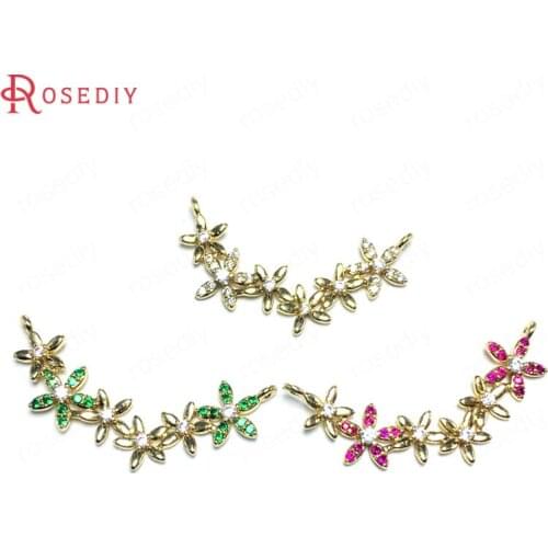 6PCS 12x34MM 24K Champagne Gold Color Brass and Zircon with Flower Arcuated Connect Charms Pendants Diy Jewelry Making Supplies