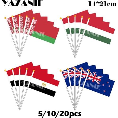 YAZANIE 14*21cm 5/10/20pcs Belarus Hungary Egypt New Zealand Small Hand Flag National Flag with Pole Handing Flag Flying Banner