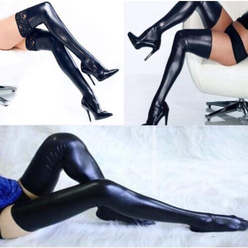 Sexy Lingerie Stockings Women Sexy Lace Patchwork PU Leather Long Stocking Over Knee Thigh High Stockings