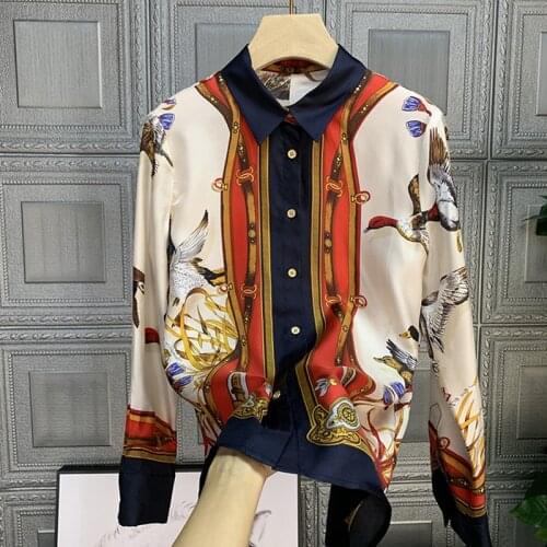 Spring Autumn Womens High quality Fashion print Long sleeves Shirts Runways elegant Shirt blouses Tops C038