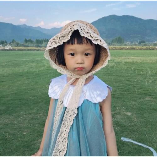 Childrens Straw Folding Hat Girl Beach Parent-Child Summer Tie Sweet Princess Lace Sunshade Hat Fisherman Hat